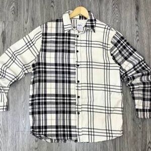 Zara black white plaid relaxed fit flannel shirt mens sz L